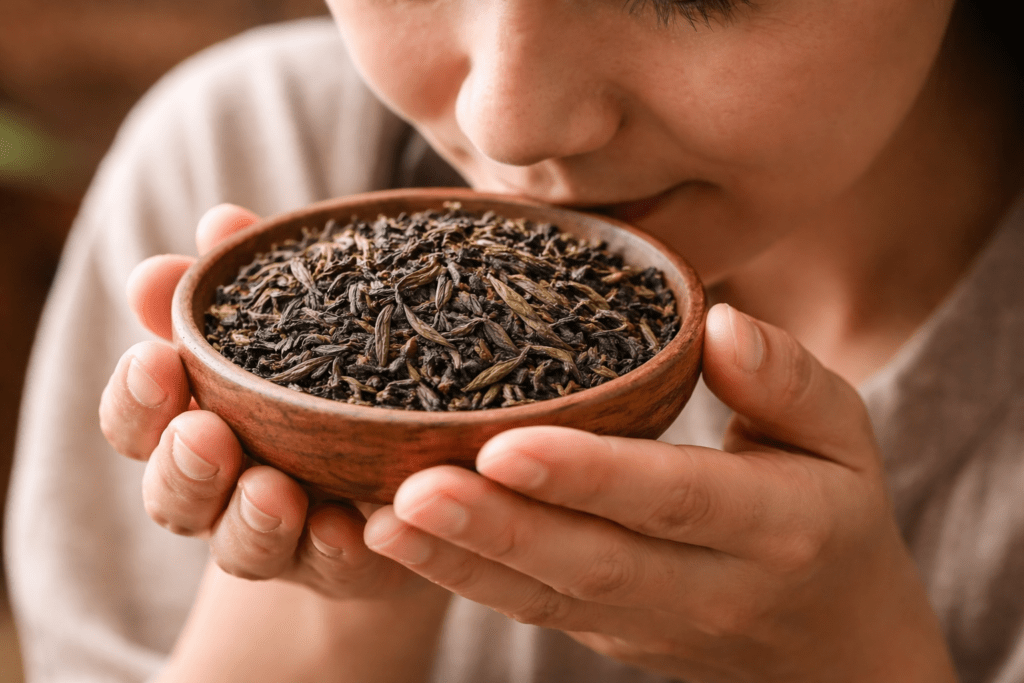 smelling dry loose leaf tea to evaluate freshness