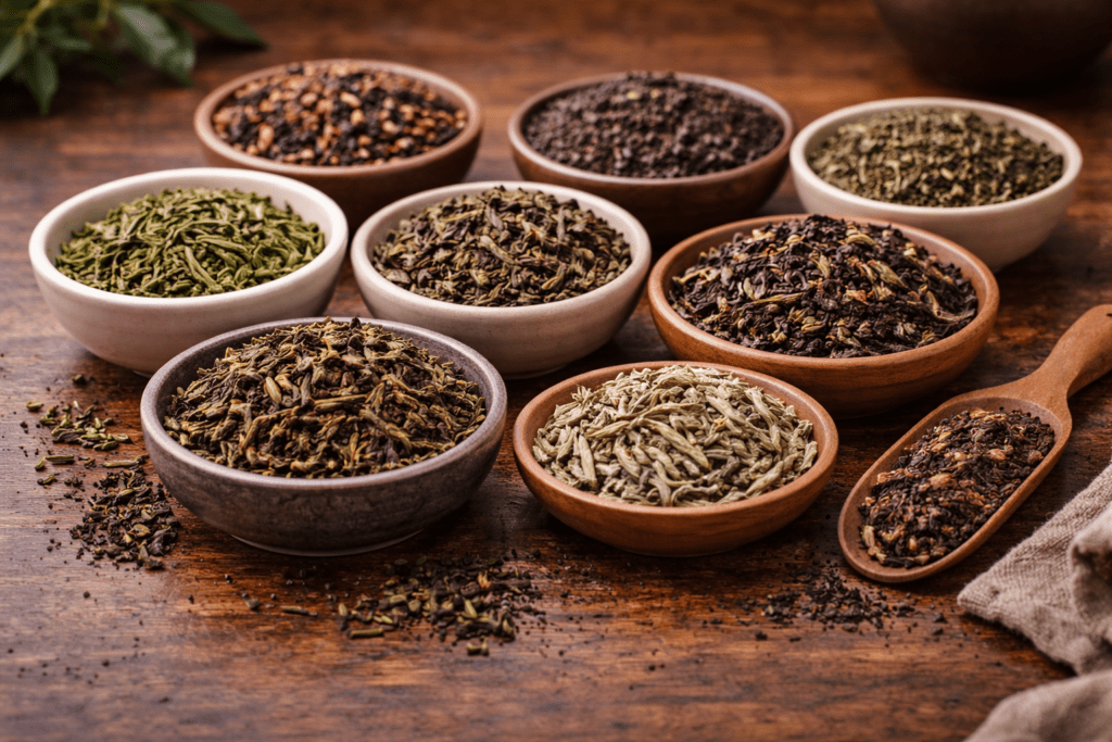 assortment of loose leaf teas including green oolong black and white tea