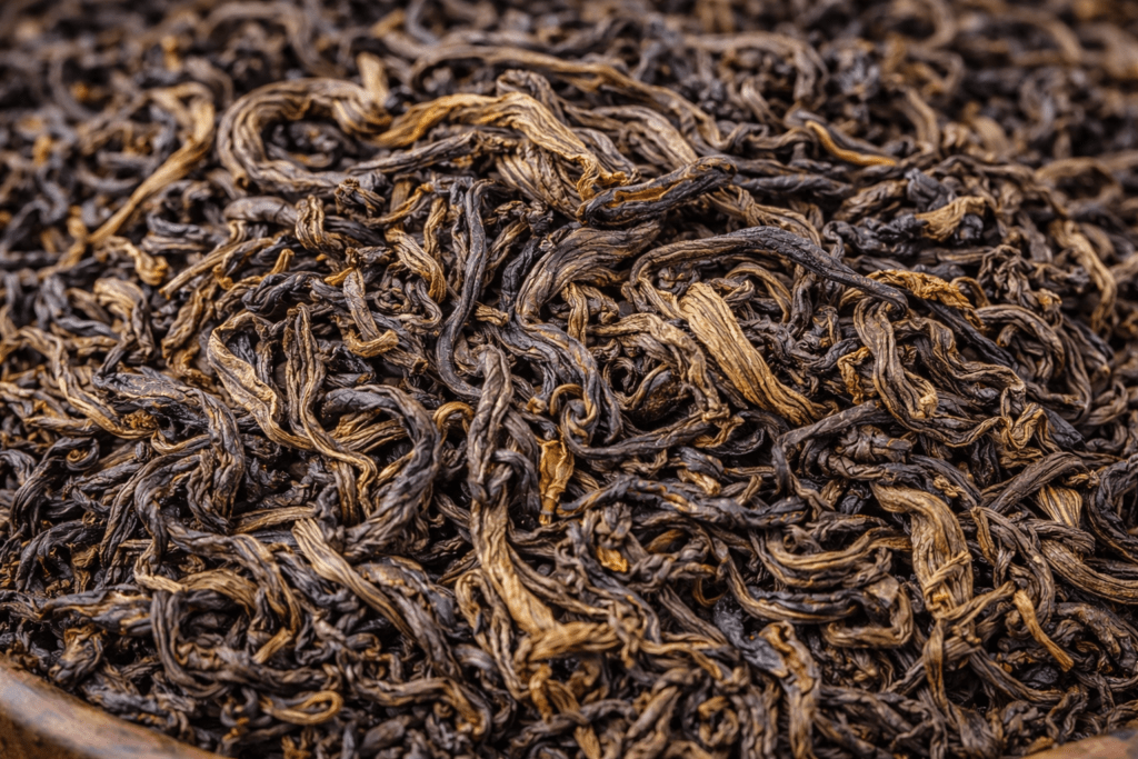 high quality twisted loose leaf tea leaves showing traditional processing