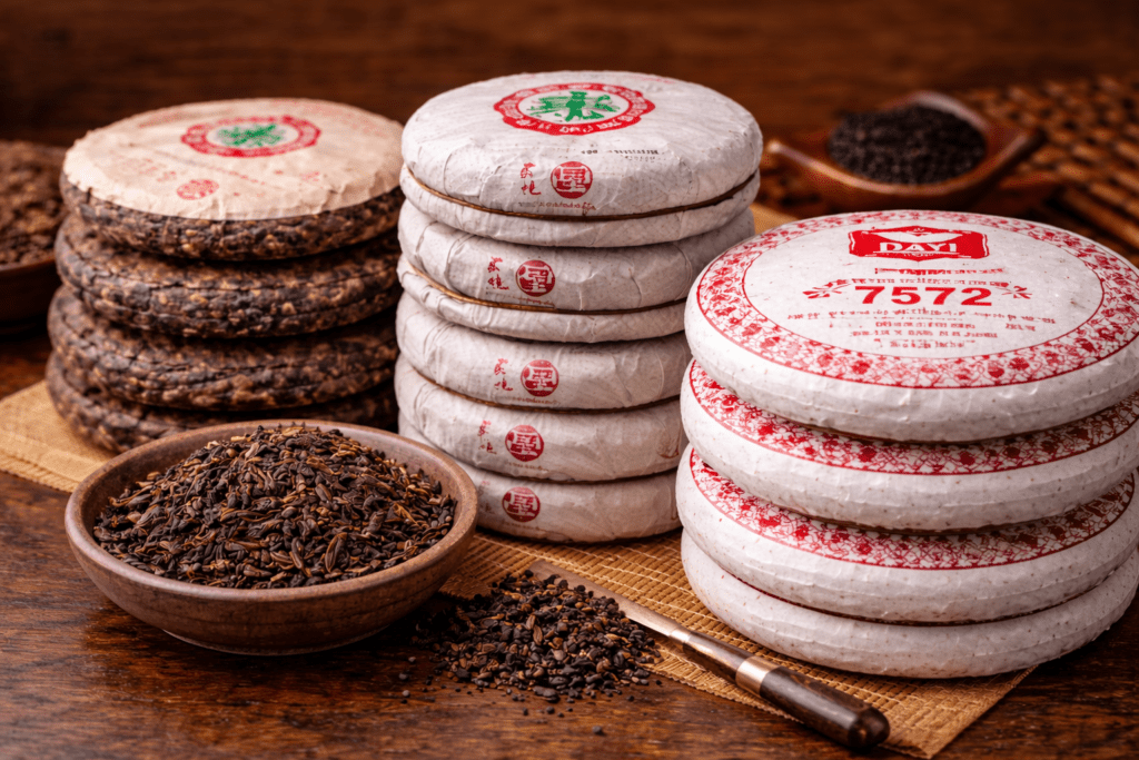 stacked pu erh tea cakes from well known chinese tea company