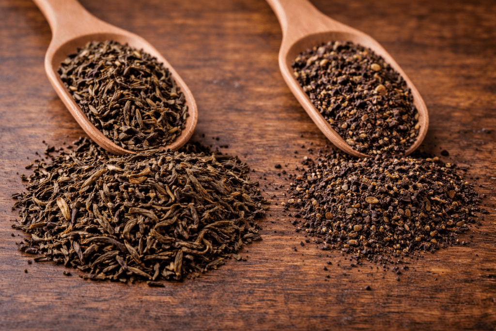 premium chinese loose leaf tea displayed on wooden tea table