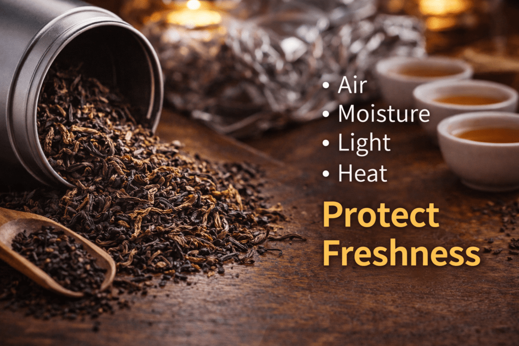 loose leaf tea displayed on wooden tea table before brewing