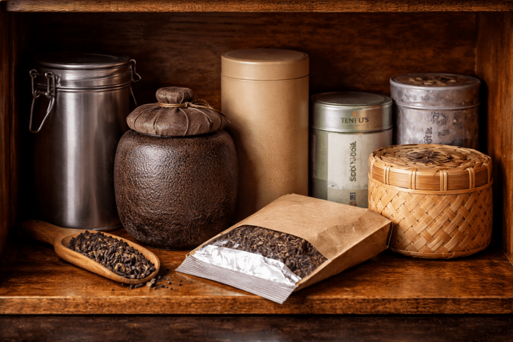 various tea storage containers including ceramic jar metal tin and paper tea bag
