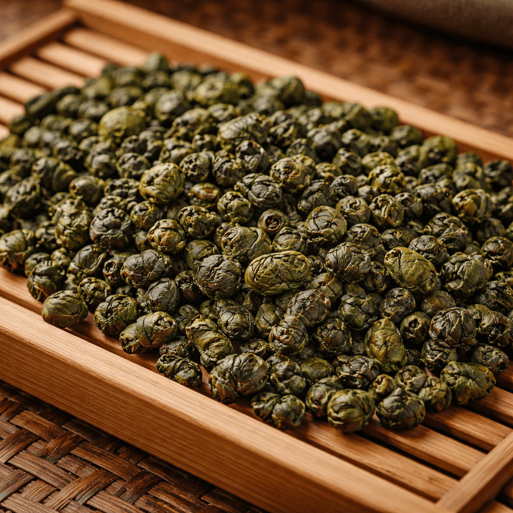 Tieguanyin oolong tea leaves rolled into tight green pellets on a wooden tea tray

