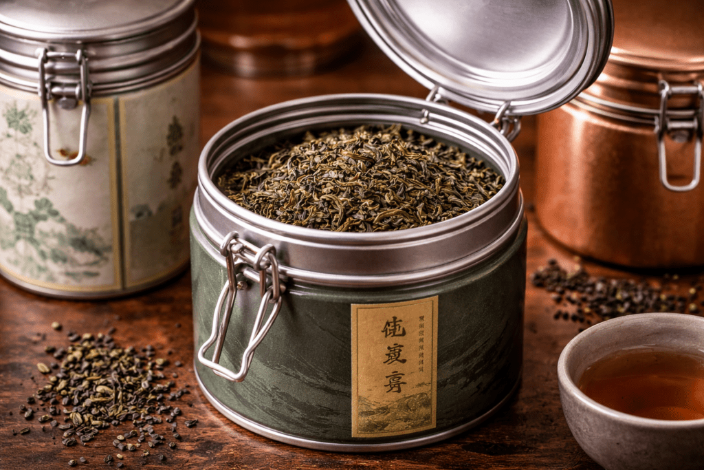 airtight metal tea tins used for storing loose leaf tea to maintain freshness