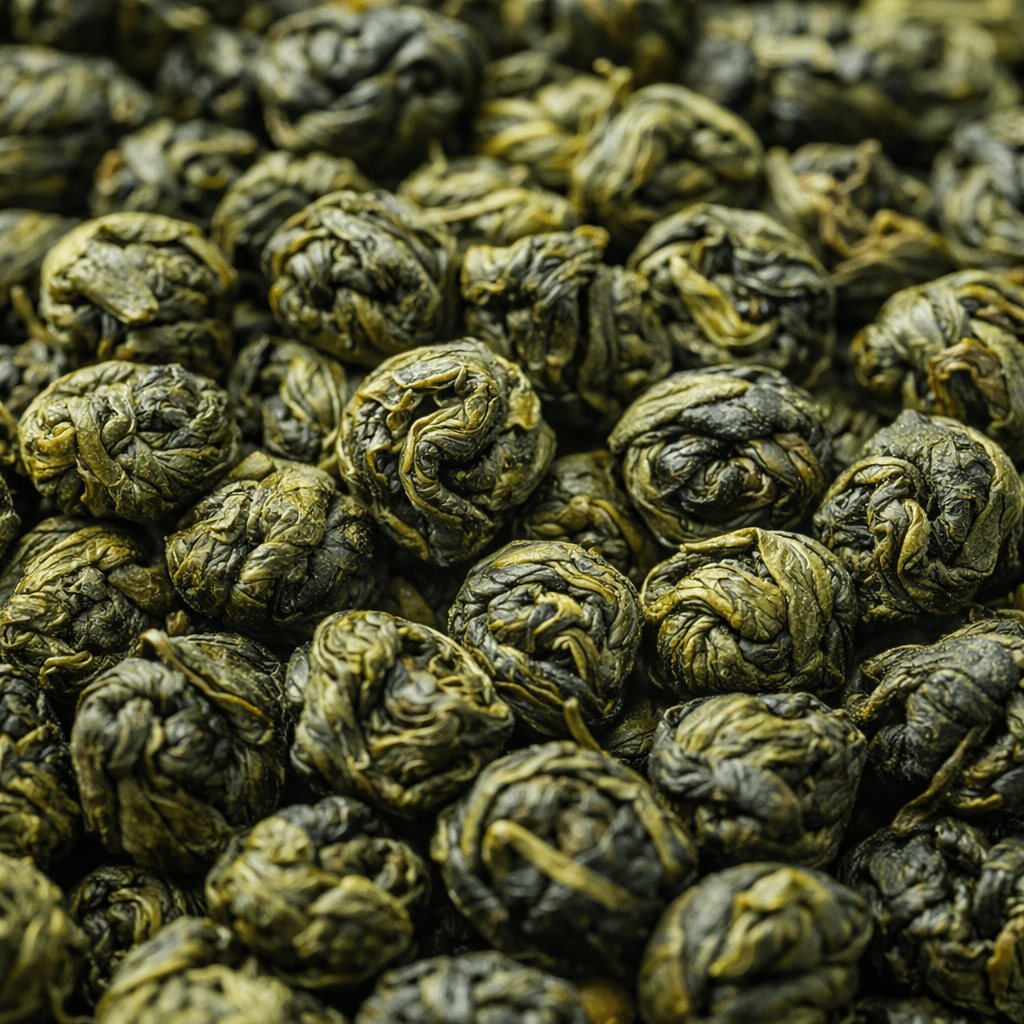 Close-up of dry Tieguanyin tea leaves showing their tightly rolled shape
