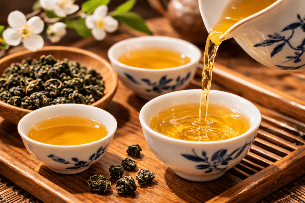 Freshly brewed Tieguanyin tea in small white porcelain cups with golden tea liquor
