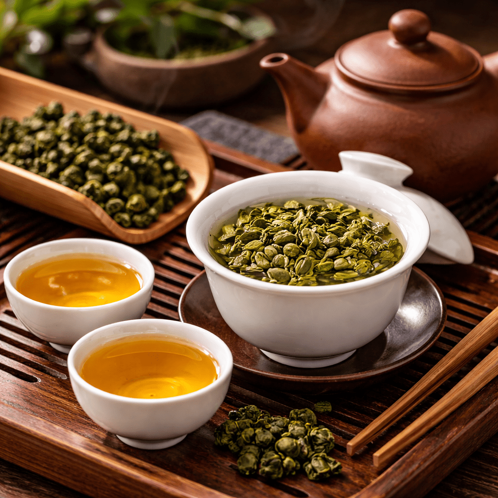 Traditional Gongfu tea brewing setup using Tieguanyin tea in a gaiwan
