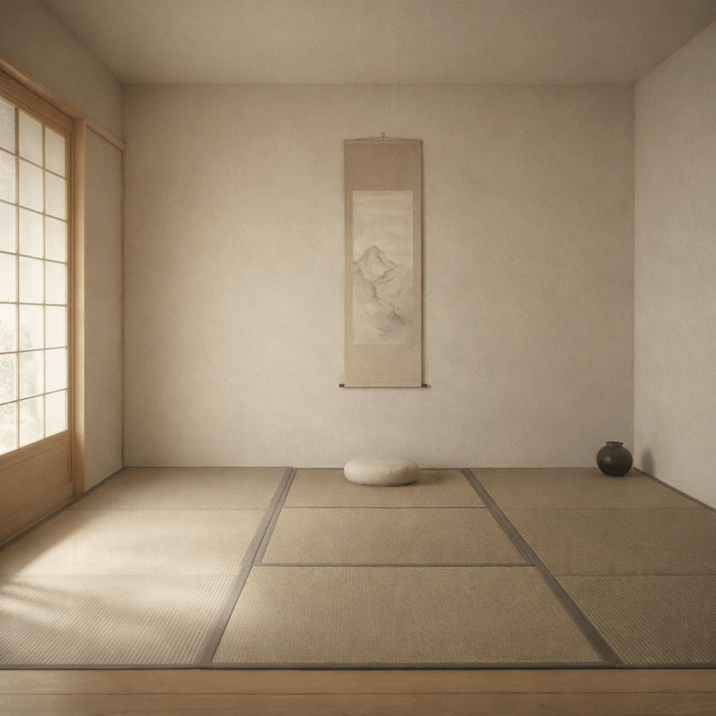 minimal zen space with natural light and calm atmosphere
