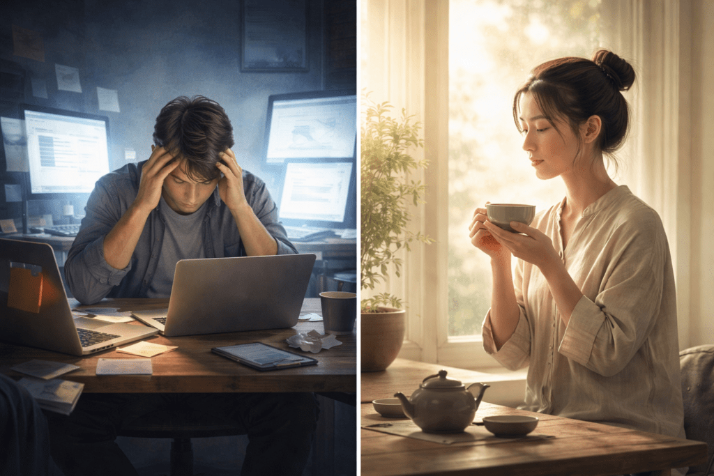 modern stress compared to calm zen moment
