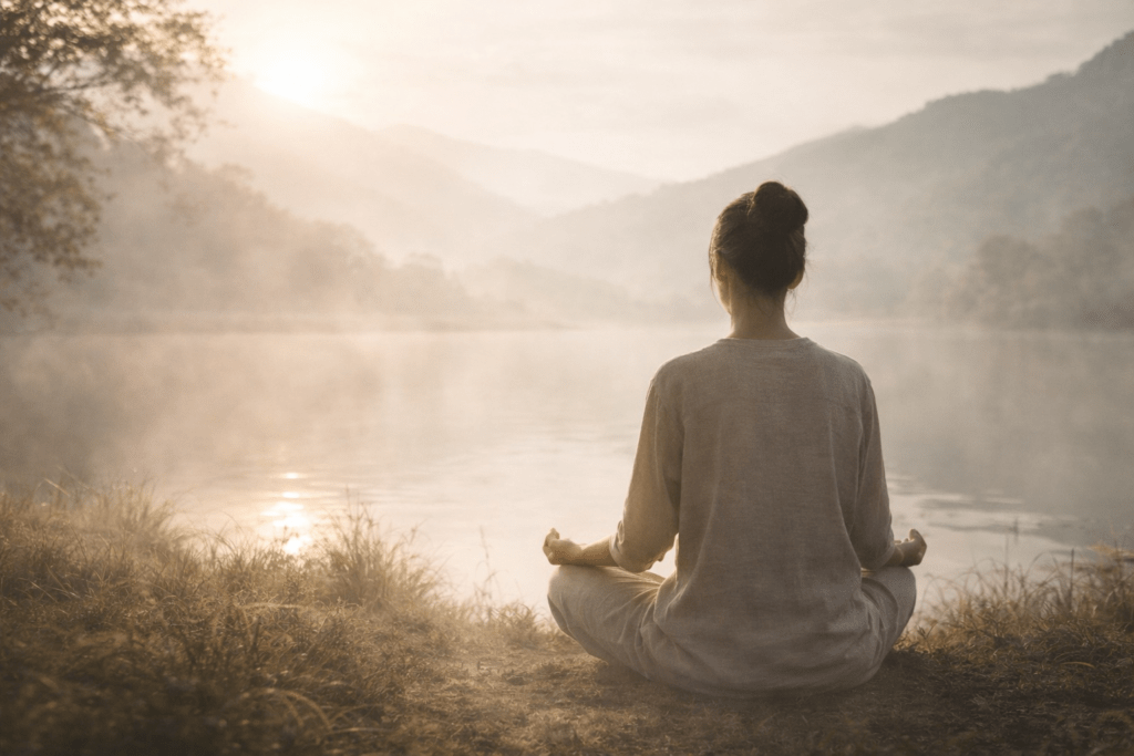 person sitting in silence in a calm natural environment
