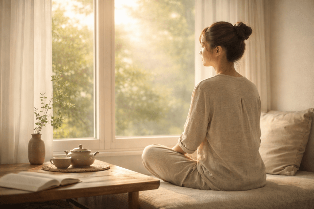 calm everyday moment sitting by window with soft morning light
