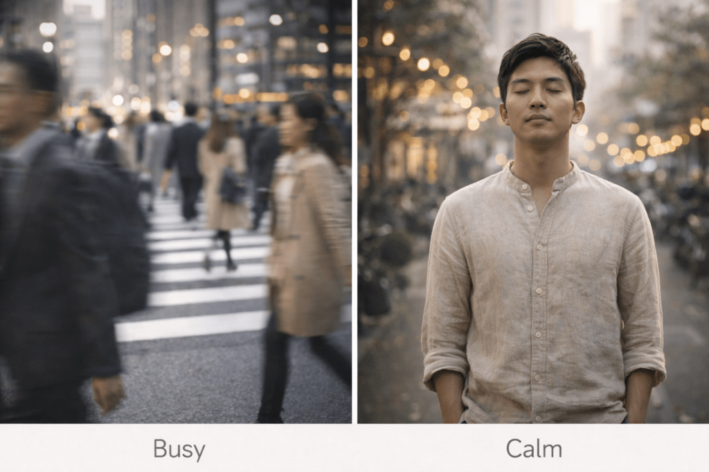 fast paced busy city compared to calm still presence
