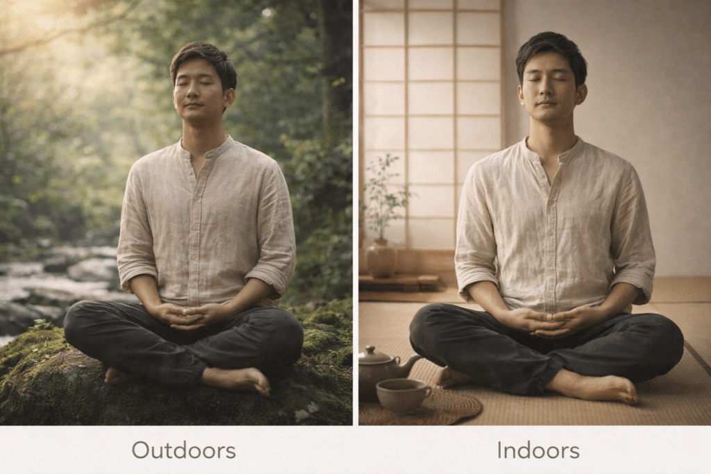 person calmly observing emotions in meditation indoors and outdoors
