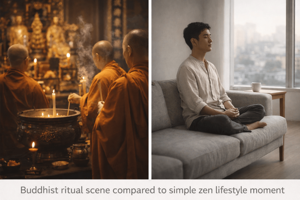 buddhist ritual scene compared to simple zen lifestyle moment
