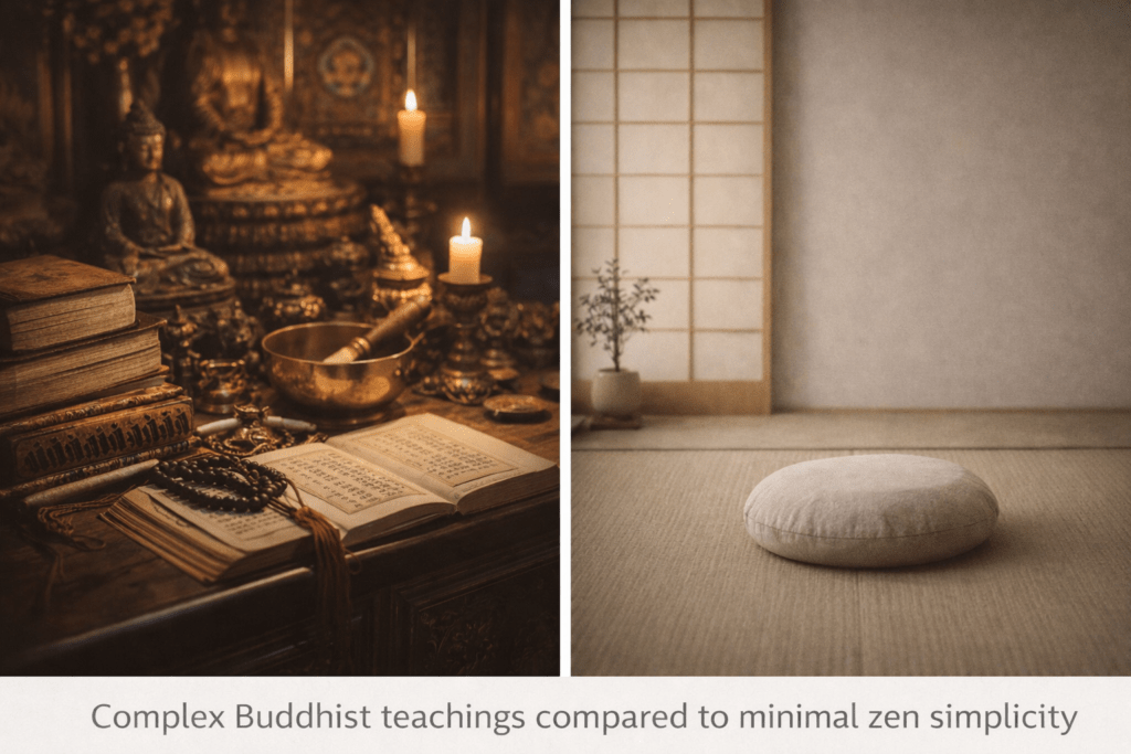 complex buddhist teachings compared to minimal zen simplicity
