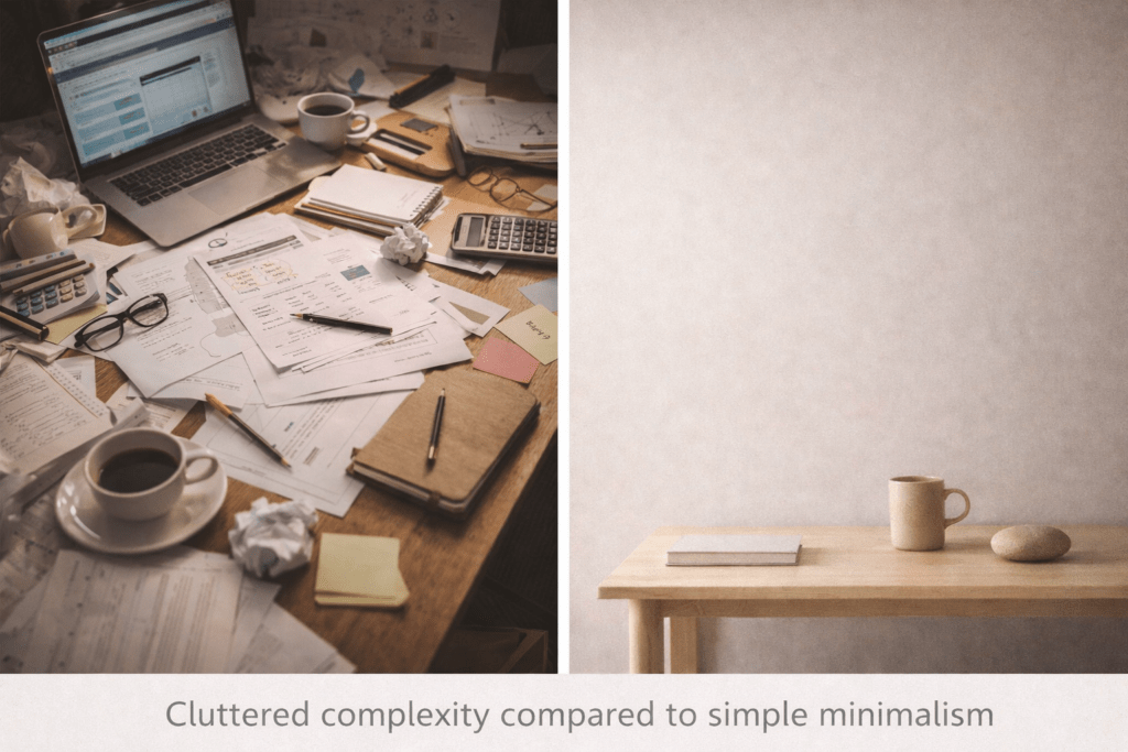 cluttered complexity compared to simple minimal zen space
