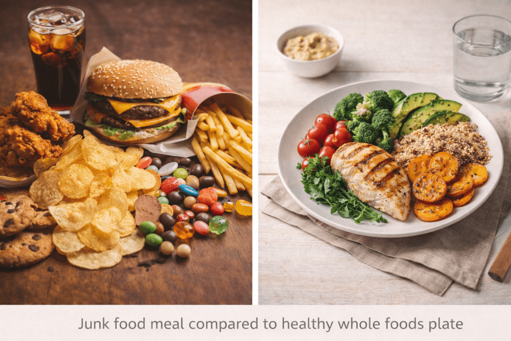 contrast between chaotic lifestyle and simple balanced living
