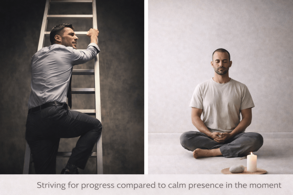 striving for progress compared to calm presence in the moment
