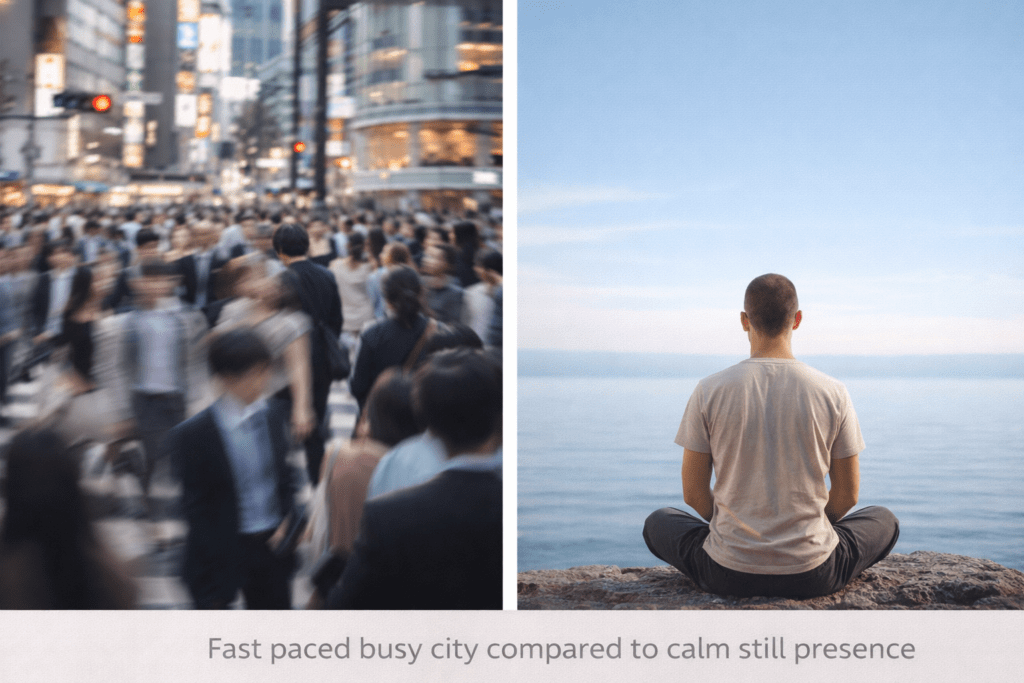 fast paced busy city compared to calm still presence
