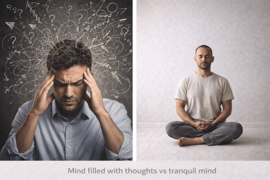 mind filled with thoughts compared to tranquil awareness
