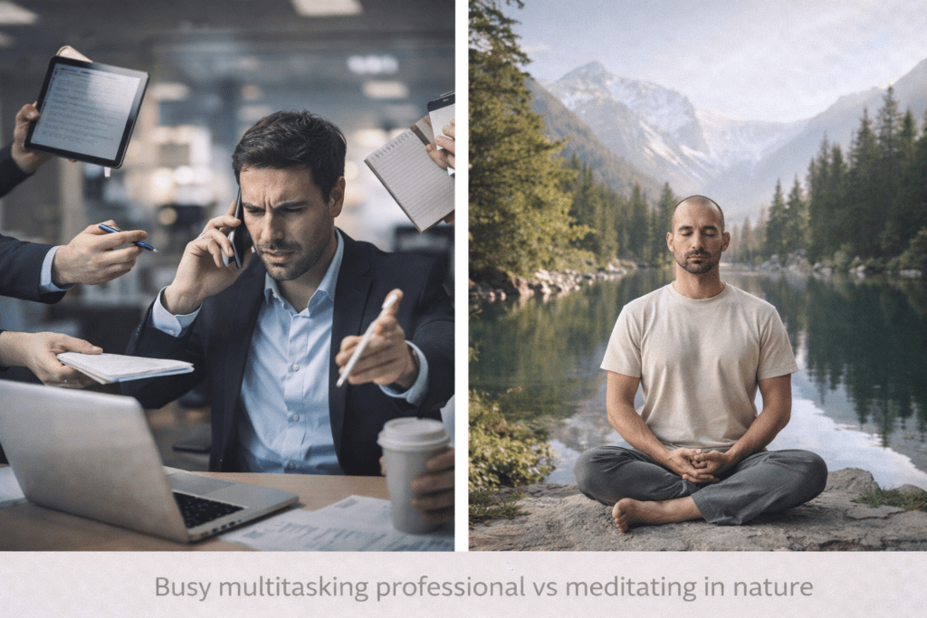 busy multitasking lifestyle compared to peaceful mindful living
