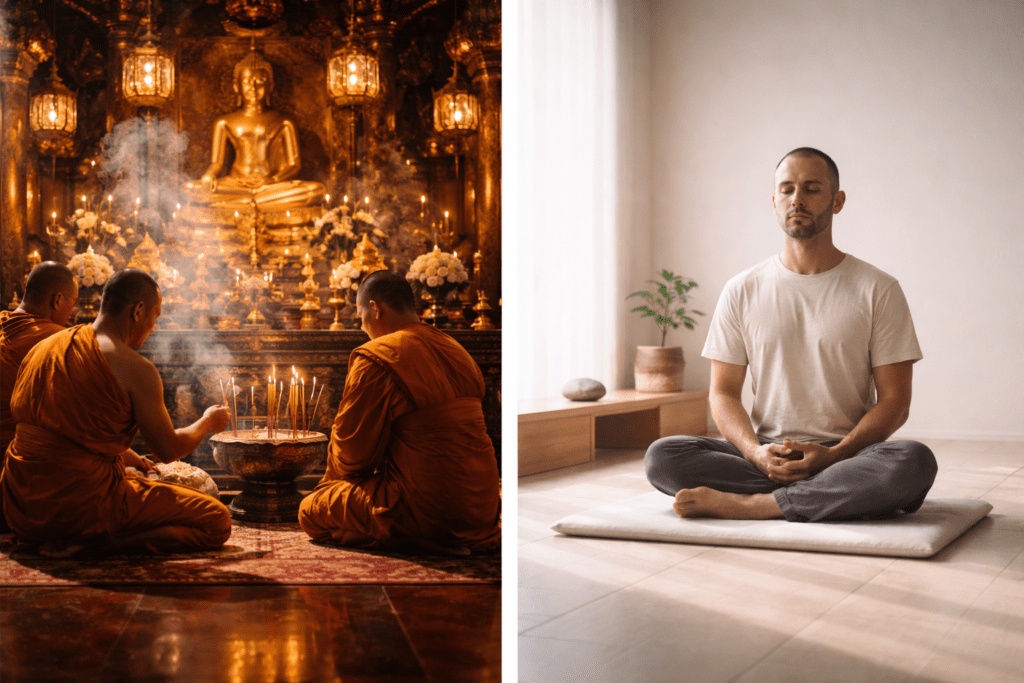buddhist ritual scene compared to simple zen lifestyle moment
