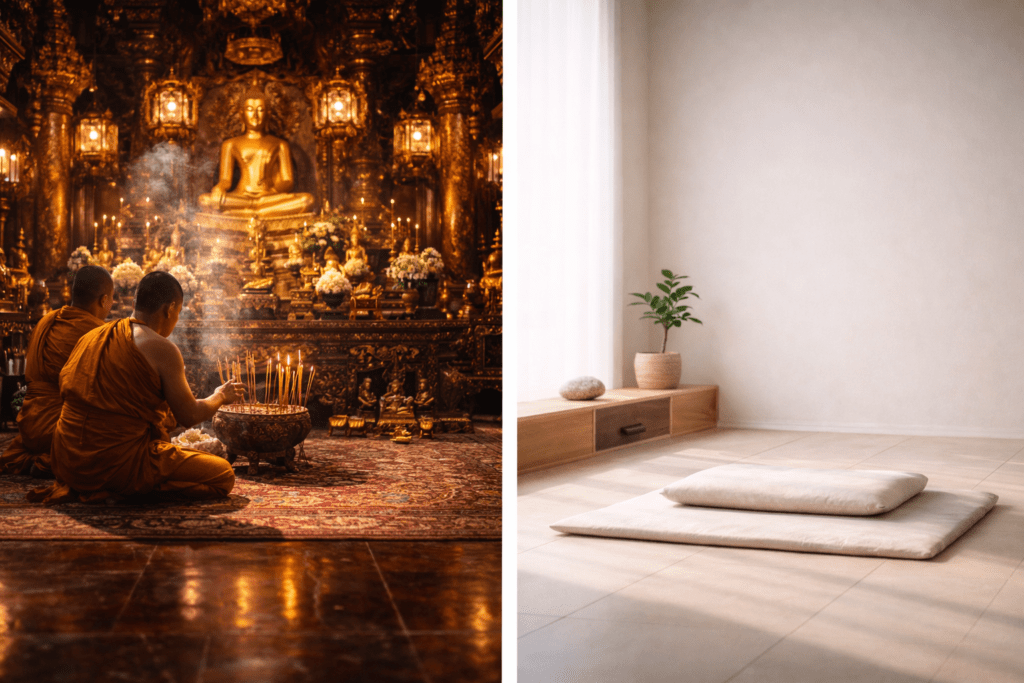 complex religious structure compared to minimal zen simplicity
