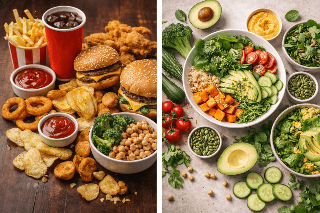 contrast between unhealthy lifestyle and balanced natural living
