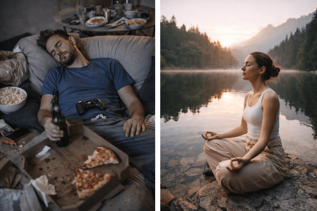 chaotic modern lifestyle compared to peaceful mindful living
