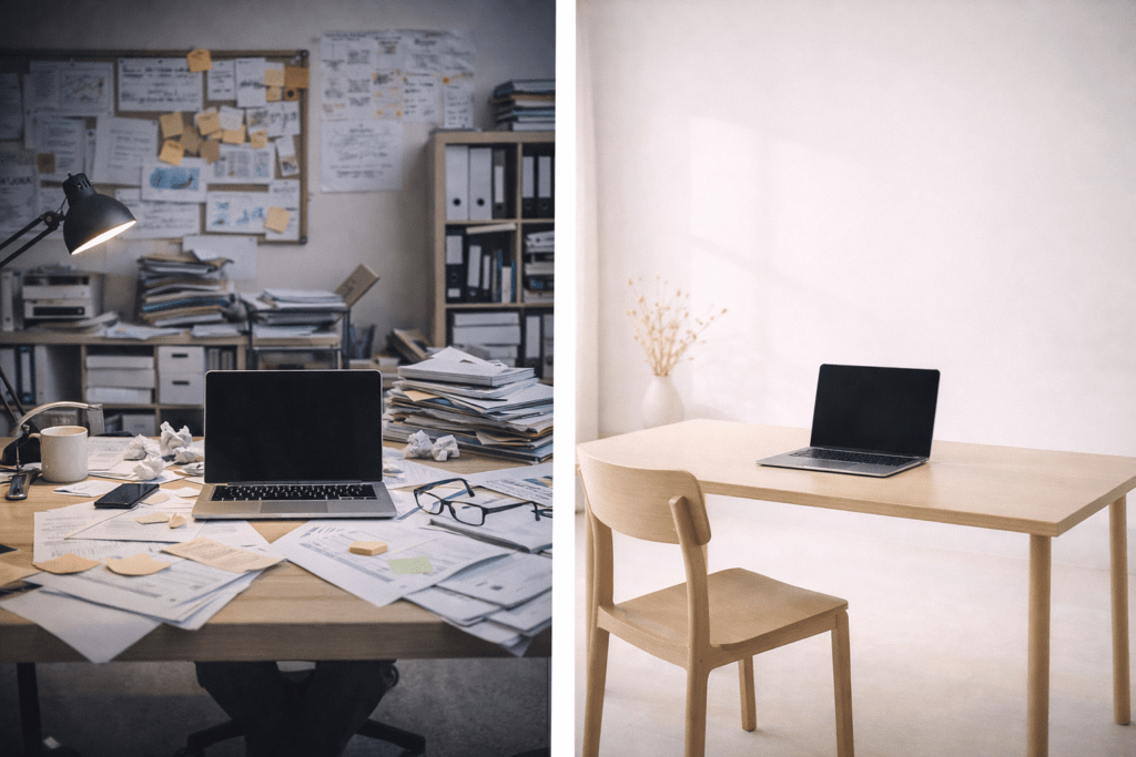cluttered workspace compared to minimal and focused environment
