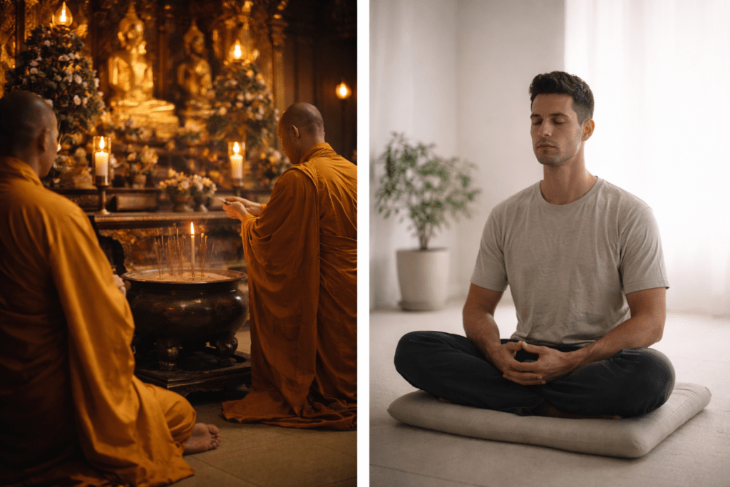 buddhist ritual scene compared to simple zen stillness
