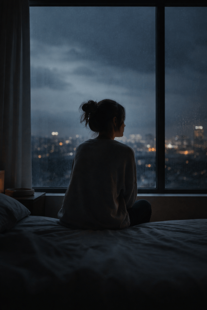 person sitting alone at night feeling anxiety looking out window