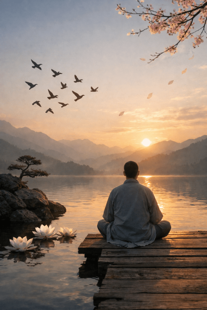 person sitting peacefully by a lake at sunset symbolizing letting go and inner peace in Zen