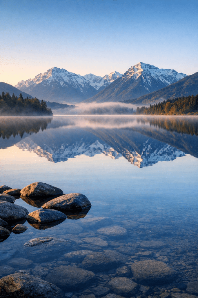 clear calm lake reflecting mountains representing mental clarity and stillness in Zen
