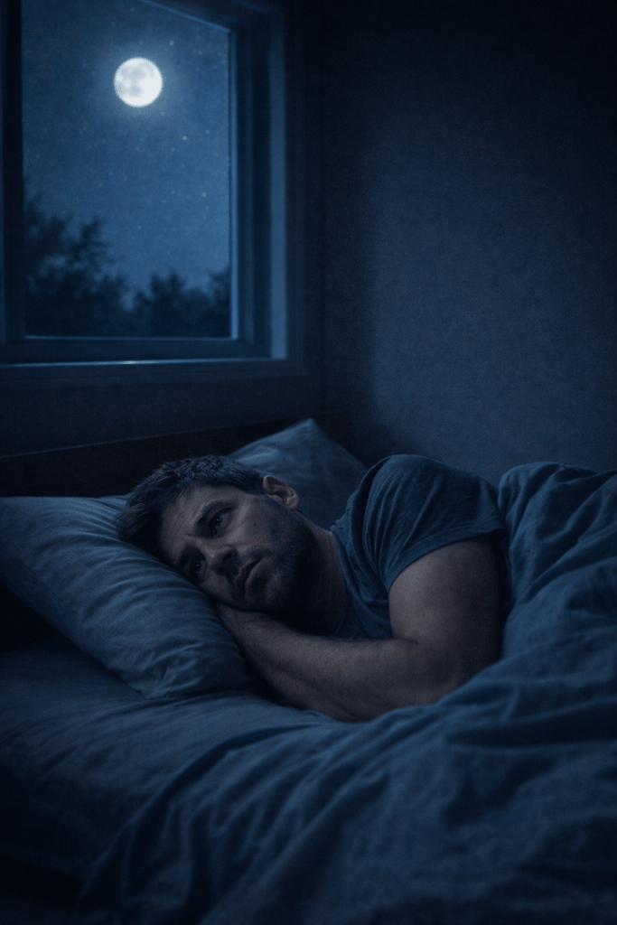 person lying awake in bed at night with moonlight representing anxiety and overthinking before sleep