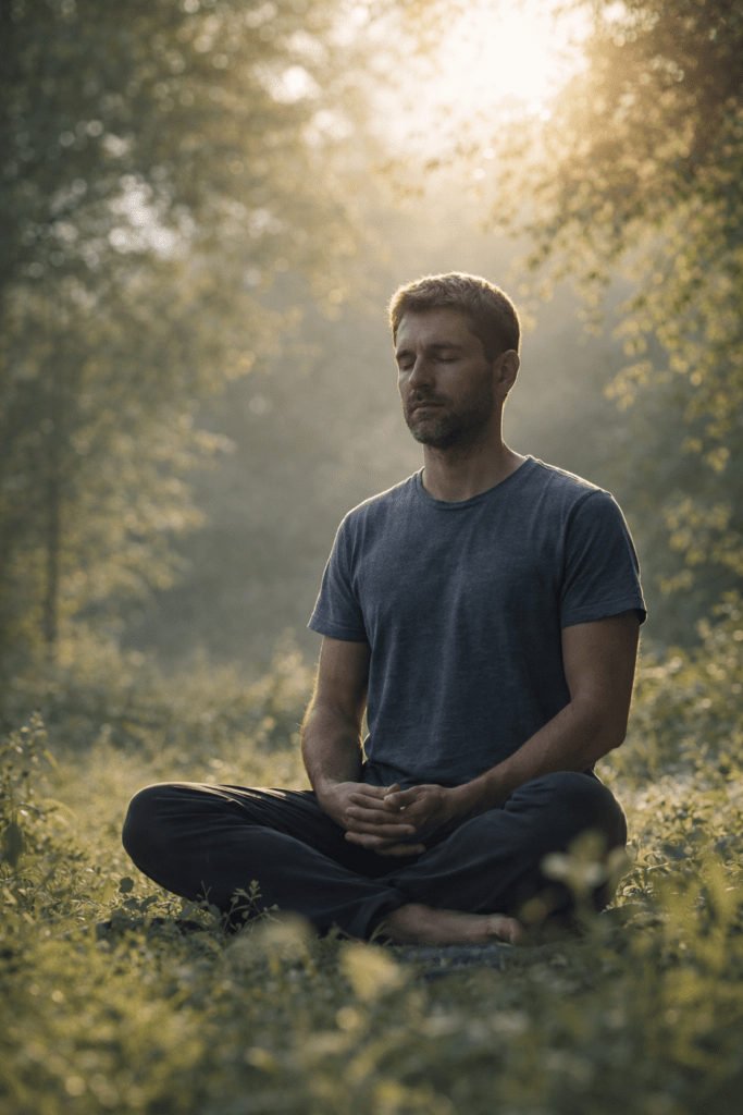 person sitting peacefully in nature focusing on breath representing presence and mindfulness in Zen