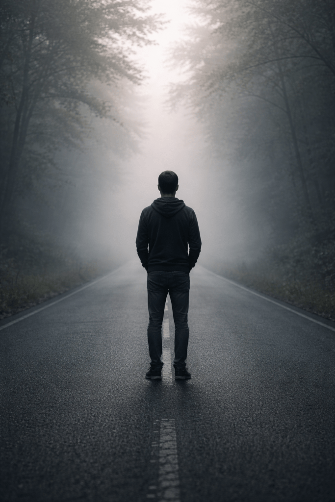person standing alone on a foggy road representing confusion and feeling lost in life