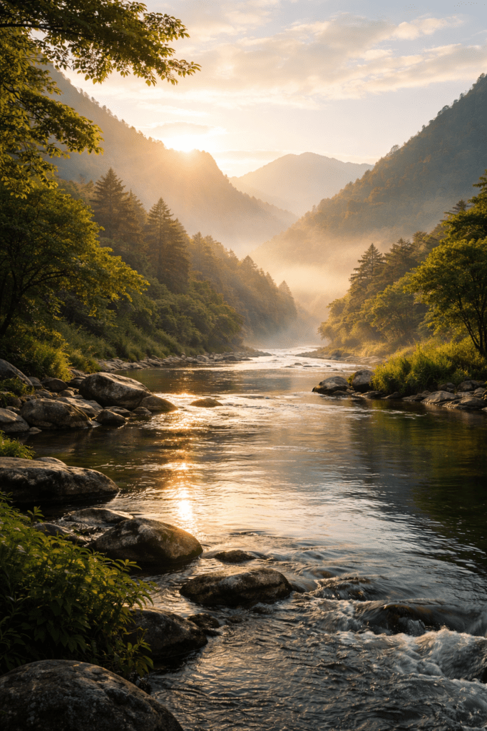 a peaceful river flowing through misty mountains at sunrise representing the natural flow of Dao and harmony in life