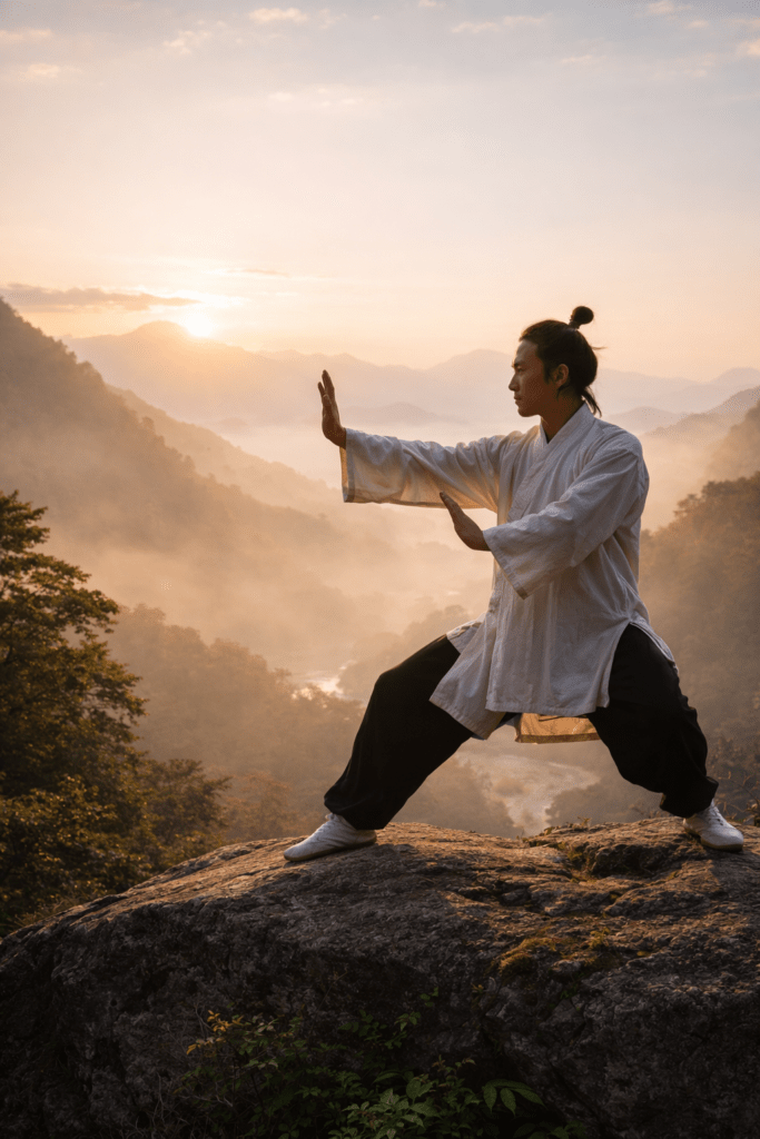 a martial artist moving fluidly in nature at sunrise representing wu wei and effortless action in Taoism