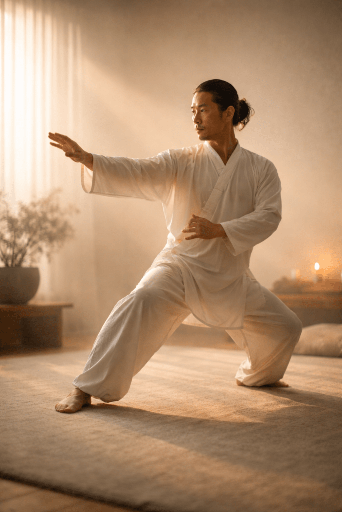 person practicing slow mindful movement in a calm room representing flow, balance, and the meditative effect of incense