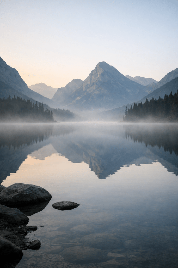 still mountain lake with reflection and soft mist symbolizing calmness, presence, and the quiet experience created by incense