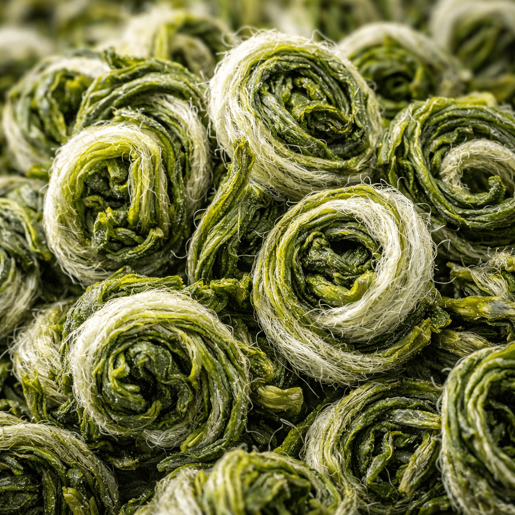 premium biluochun tea leaves showing white tea hairs close up