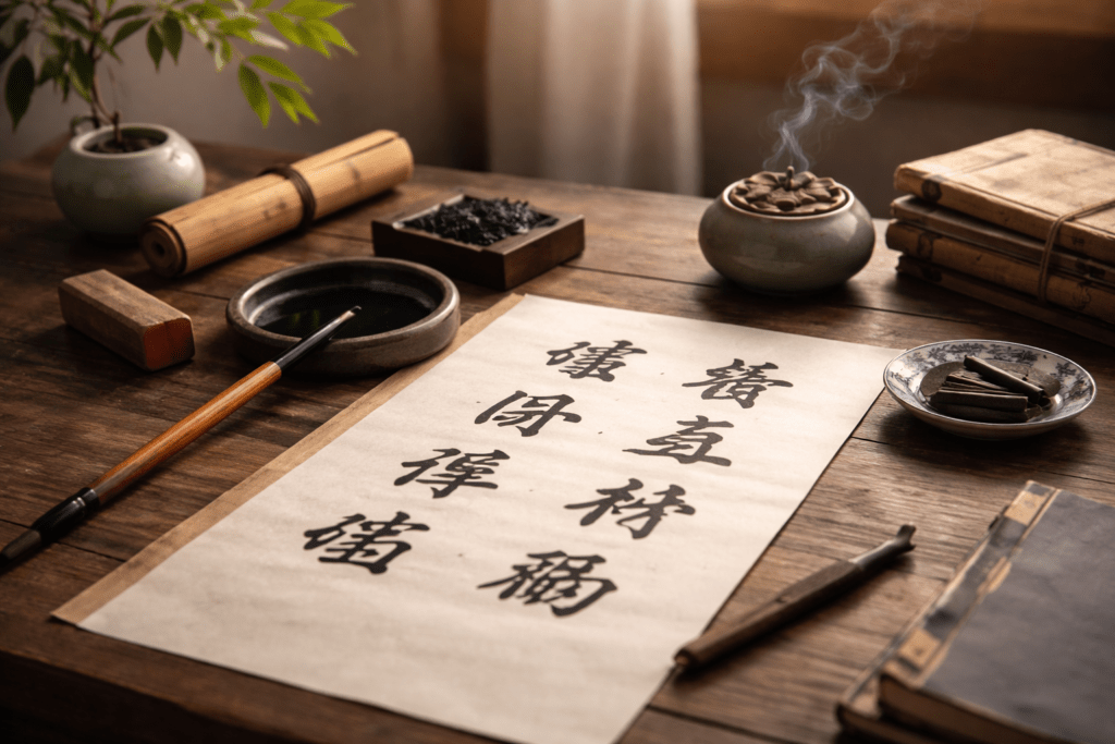 chinese calligraphy tools and characters displayed on wooden table with natural light minimal aesthetic composition