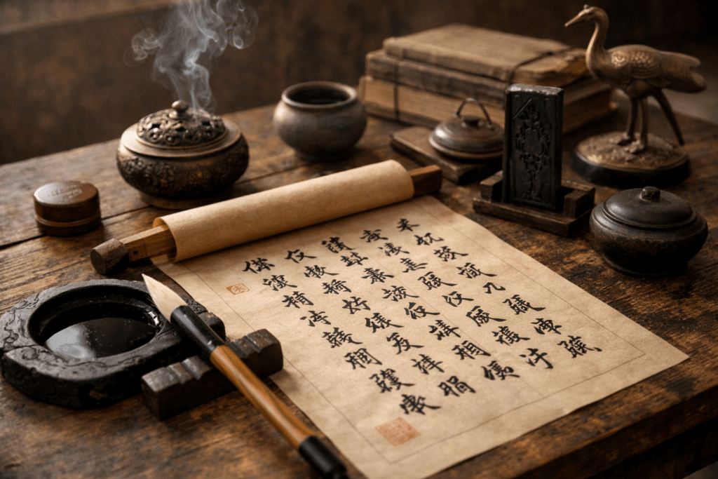 traditional chinese calligraphy artwork with brush ink stone and incense on wooden table in a peaceful zen setting