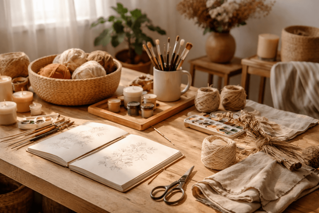 various handmade crafts including wood clay paper and textile materials arranged on a table in soft natural light creating a warm and aesthetic workspace