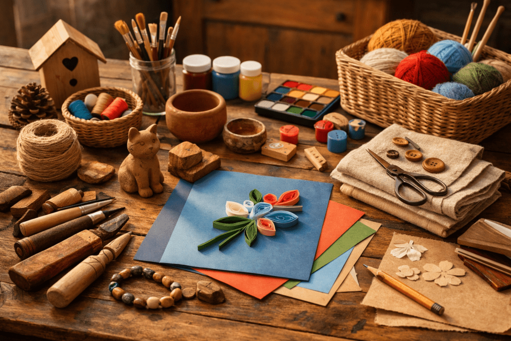person quietly crafting at home in a peaceful environment with warm lighting and focused atmosphere