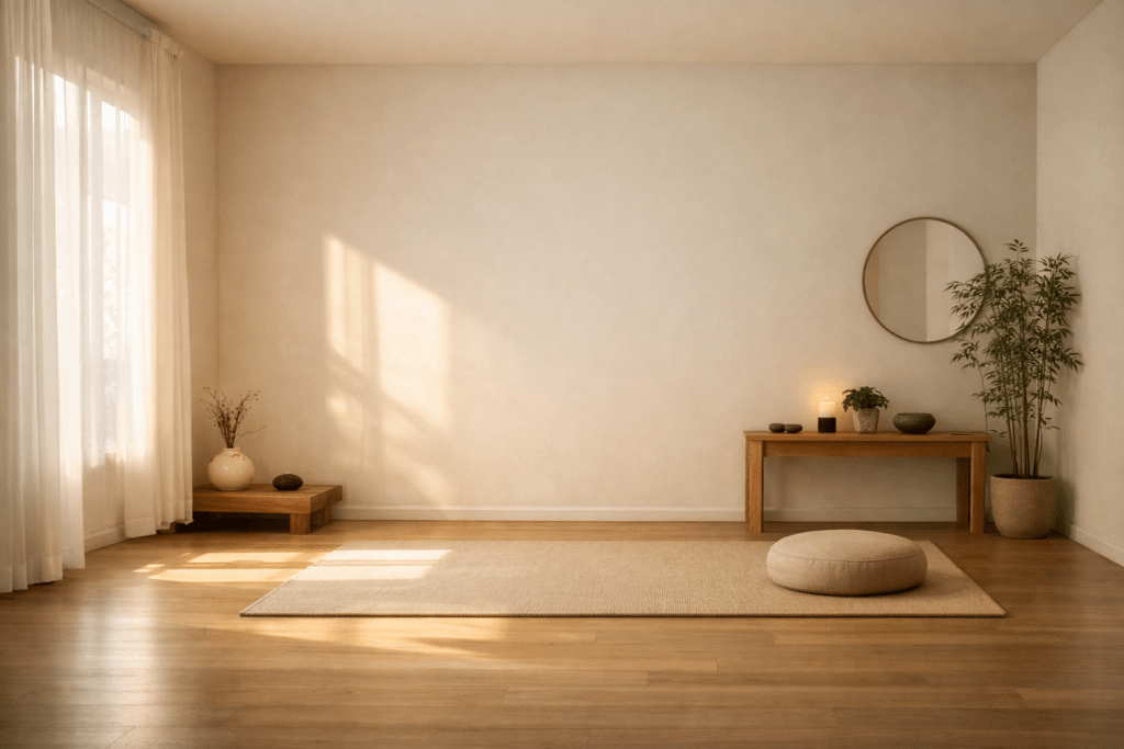 calm minimalist feng shui interior with soft natural light and balanced empty space creating a peaceful atmosphere
