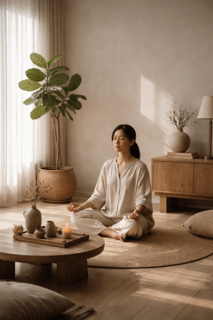 minimal zen interior with soft natural light and a person sitting calmly, representing body awareness and inner balance