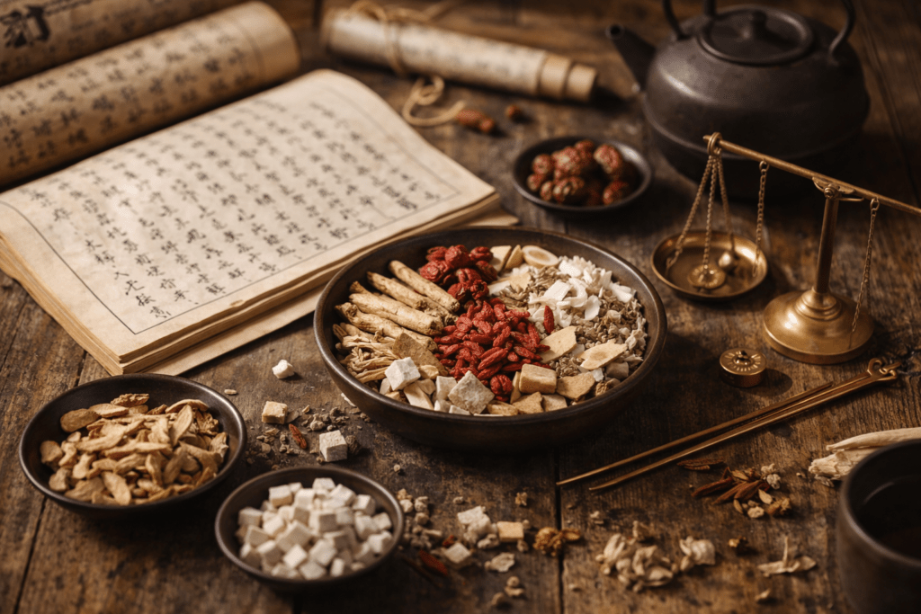 traditional chinese herbal medicine setup with herbs, ancient book, and natural materials showing cultural roots of tcm